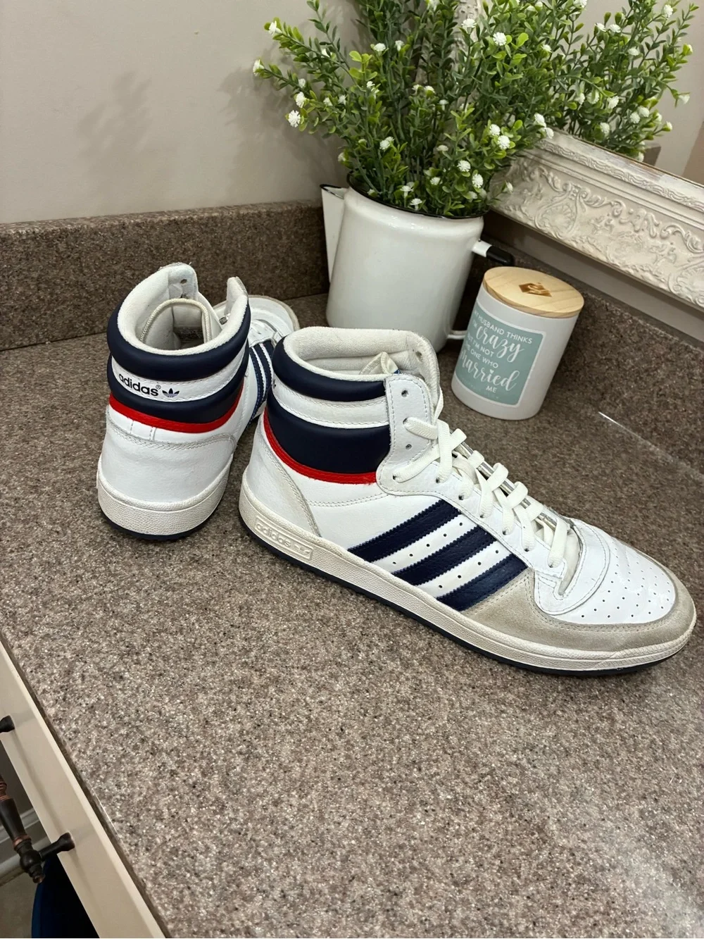adidas High-Top Sneakers in White, Navy & Red